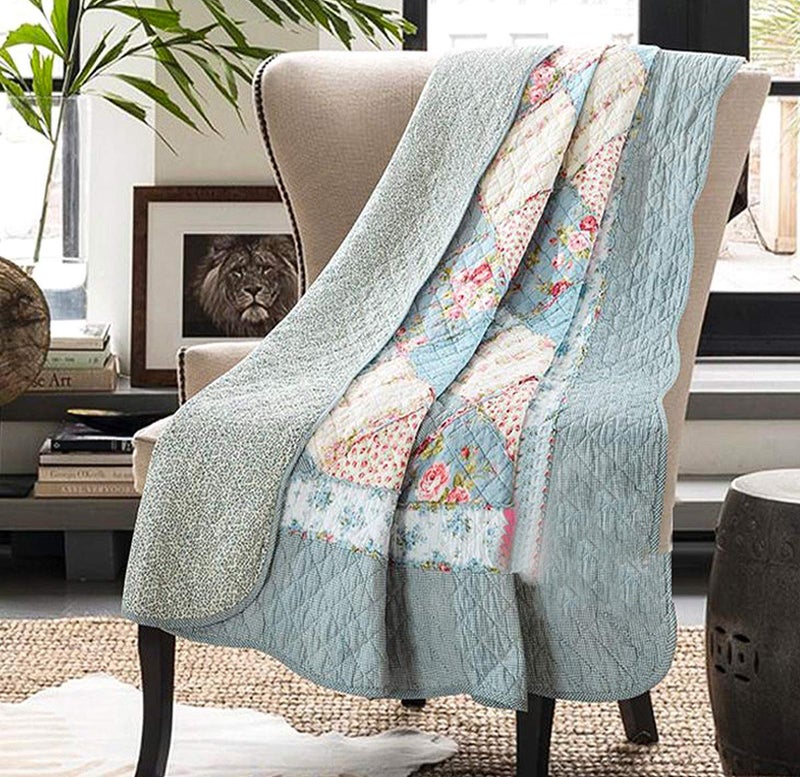 Cozyholy بطانية كوزي هولي الأصلية 100% قطن مزخرفة زهور زرقاء، غطاء سرير عكسي، لحاف عتيق شابي شيك للسرير والأريكة - Image 1